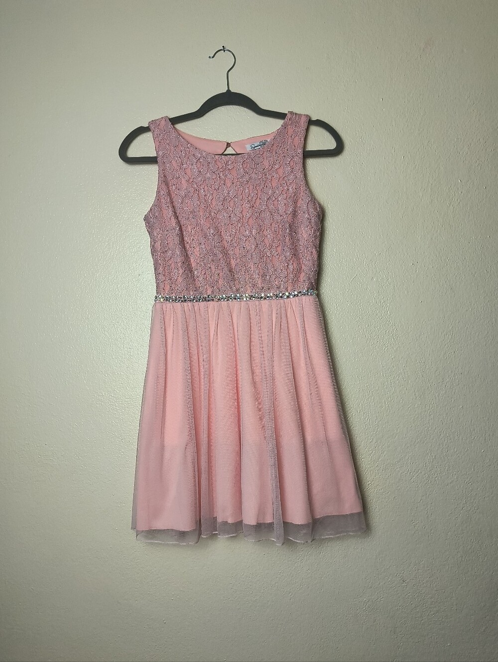 Speechless 5 Junior's Blush Pink Lace & Jeweled Waist Party Dress